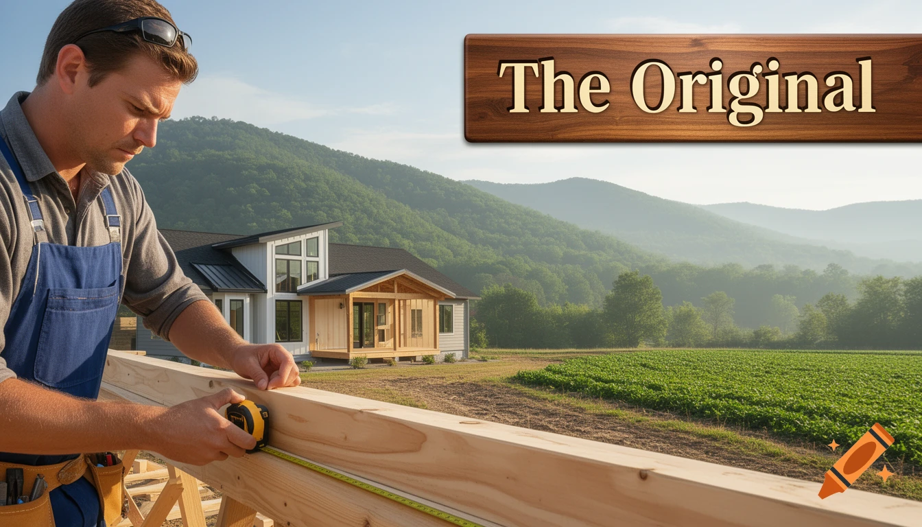 A man measures a wooden beam in front of a modern house with a rural mountain and field background, featuring a 'The Original' sign.
