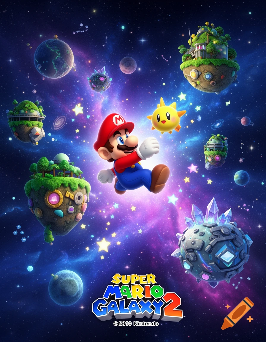 Mario jumps in a vibrant galaxy surrounded by floating green planets, stars, and a yellow Luma character.