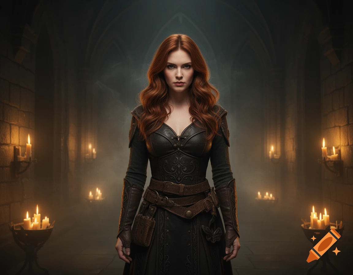 A serious red-haired woman in dark leather armor stands in a dimly lit gothic corridor with many flickering candles.