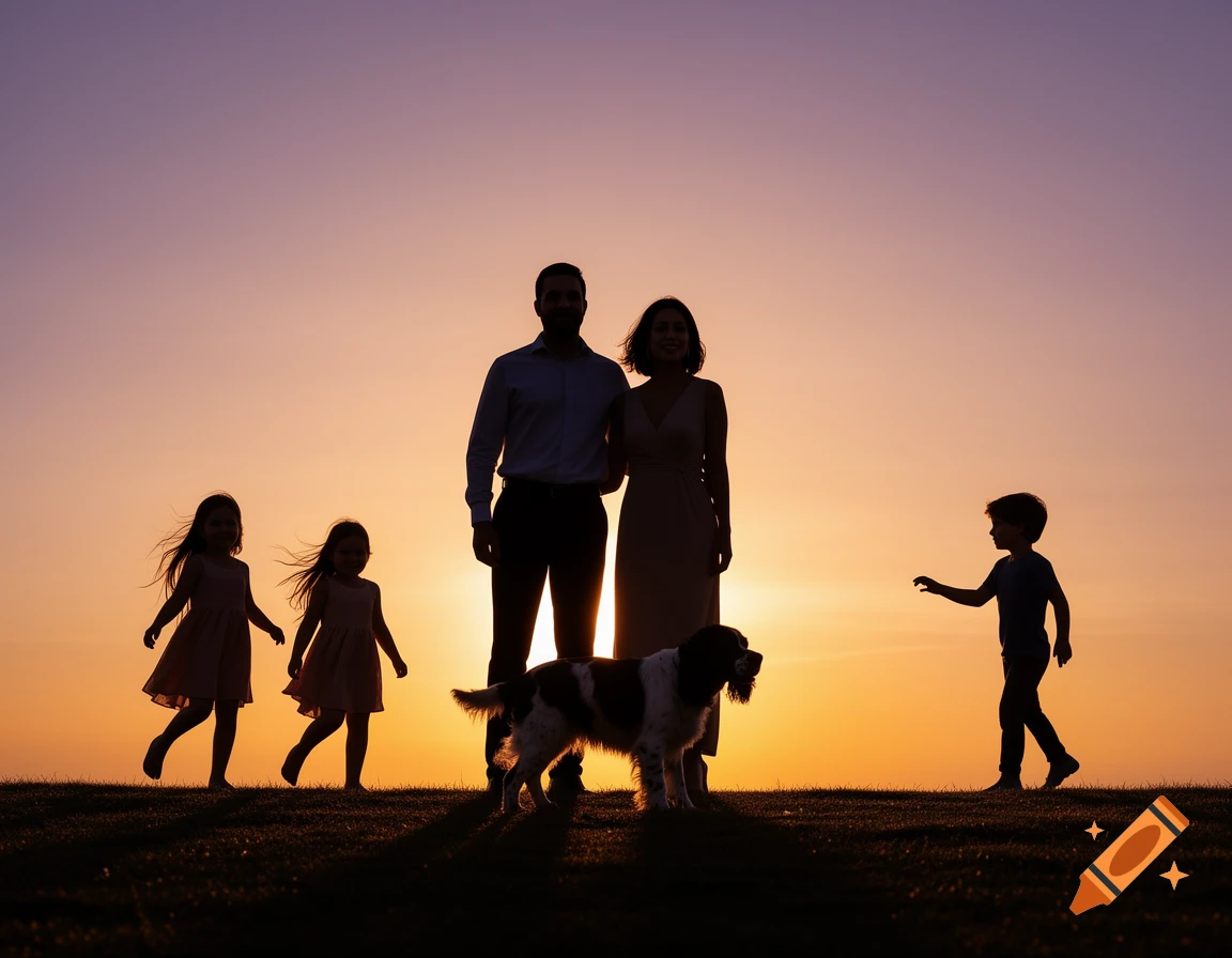 A family with a dog silhouetted against a vibrant sunset sky on a grassy hill.
