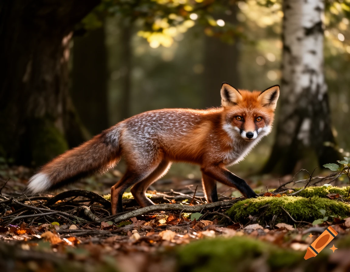A photorealistic red fox with white and black markings stands on a forest floor, looking forward in dappled sunlight.