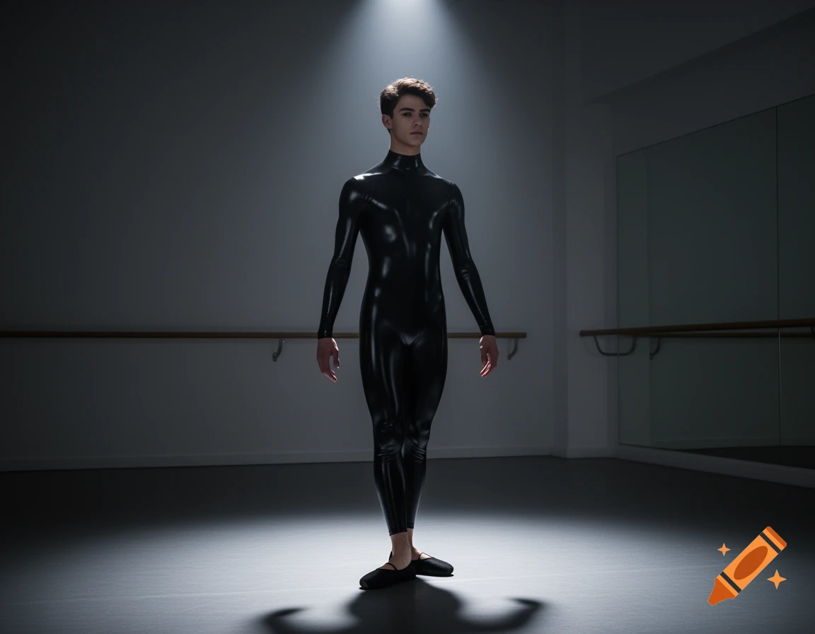 A ballet boy in a shiny black full-body latex catsuit and ballet flats stands under a spotlight in a studio.