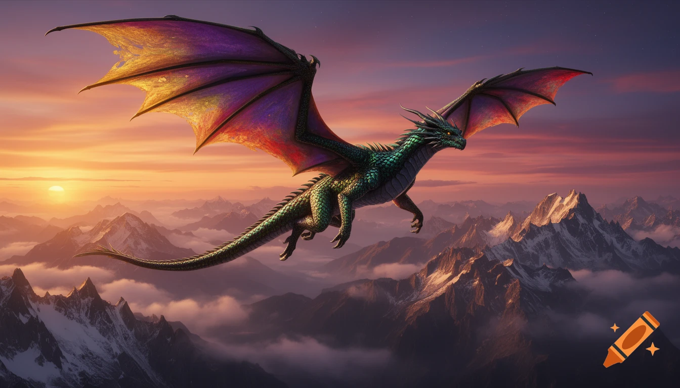A majestic green dragon with large, colorful wings flies over a range of snow-capped mountains at sunset.