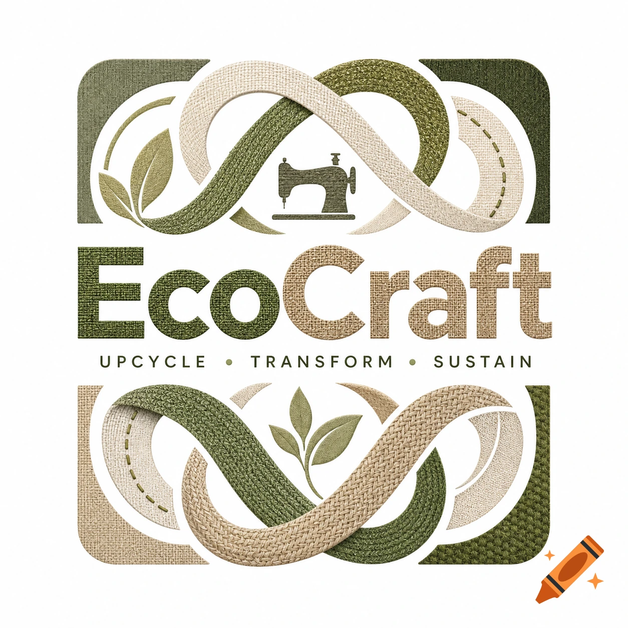 EcoCraft logo featuring interwoven green and beige fabric strips, a sewing machine, and leaves, with text "UPCYCLE TRANSFORM SUSTAIN".