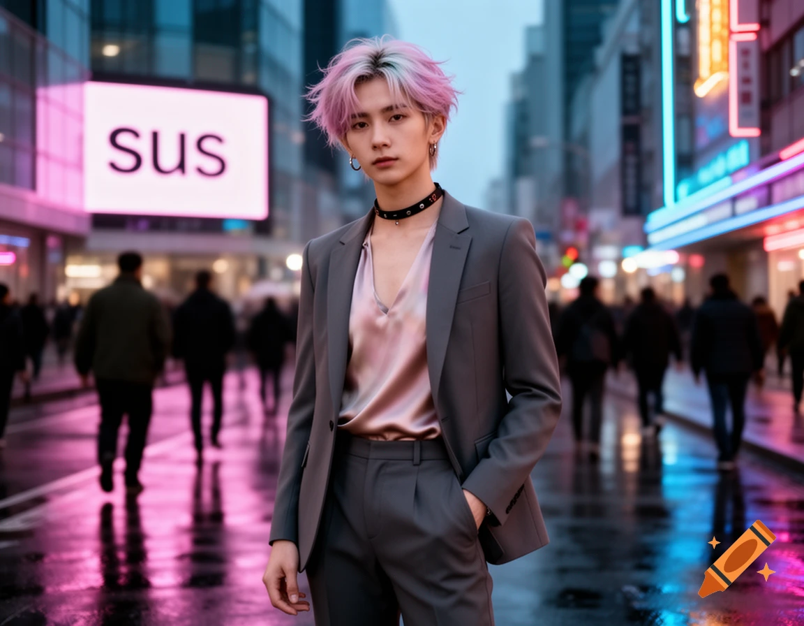 Person with pink and mint hair in a grey suit and satin shirt stands on a wet, neon-lit city street with a "sus" billboard.