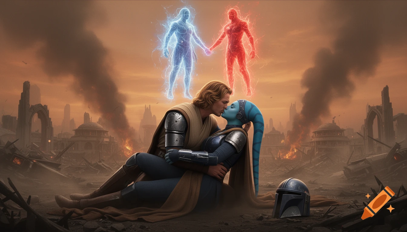 Anakin-like man kisses a blue Twi'lek Mandalorian on a ruined Star Wars battlefield with ethereal red and blue Force ghosts above.