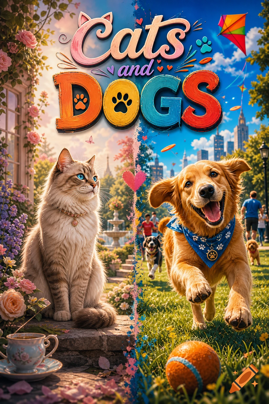 Vibrant image titled 'Cats and DOGS' with a fluffy cat in a garden on the left and a happy golden retriever in a city park on the right.