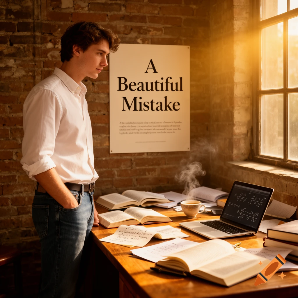 A young man stands in a sunlit room, looking at a poster on a brick wall that reads "A Beautiful Mistake". A wooden desk is covered with open books, papers, a laptop with equations, and a steaming cup of coffee.