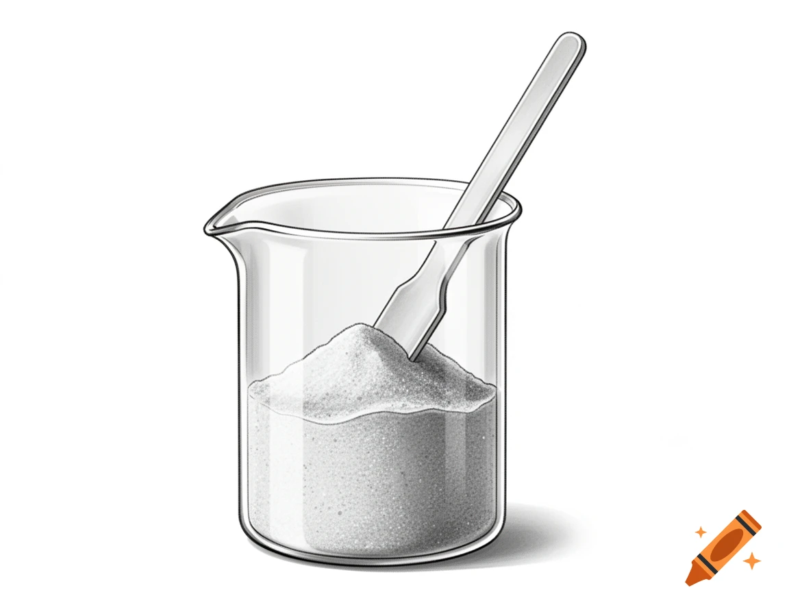 An illustration of a glass beaker filled with white powder, with a spatula inside, against a white background.