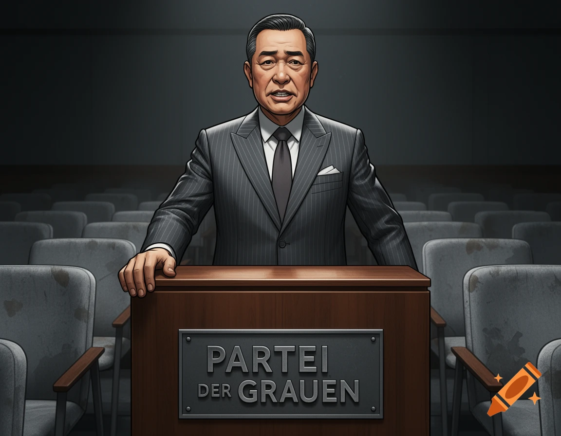 A serious man in a pinstripe suit stands at a podium labeled "PARTEI DER GRAUEN" in a dark, empty hall, in a comic-book style.