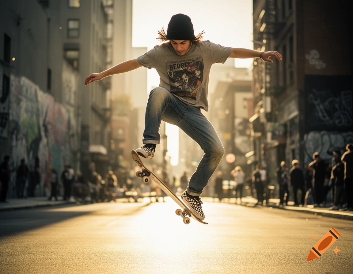 A male skateboarder performs an ollie trick in a sunlit urban street, wearing a beanie and a graphic t-shirt.