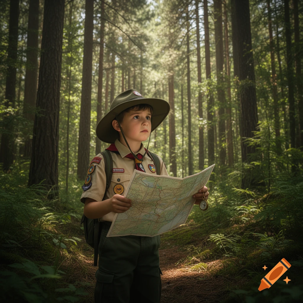 A young boy scout in uniform and hat stands in a sunlit forest, holding a map and looking upwards.