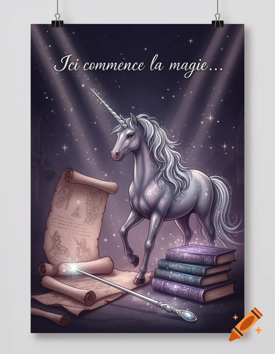A magical poster with a majestic unicorn, ancient scrolls, enchanted books, a magic wand, and "Ici commence la magie..." text, under stars.