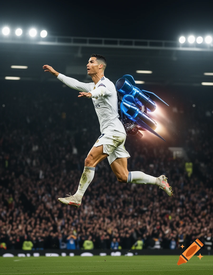 Photorealistic image of Cristiano Ronaldo in a white uniform, mid-air with a glowing blue rocket pack, over a soccer field and crowd.