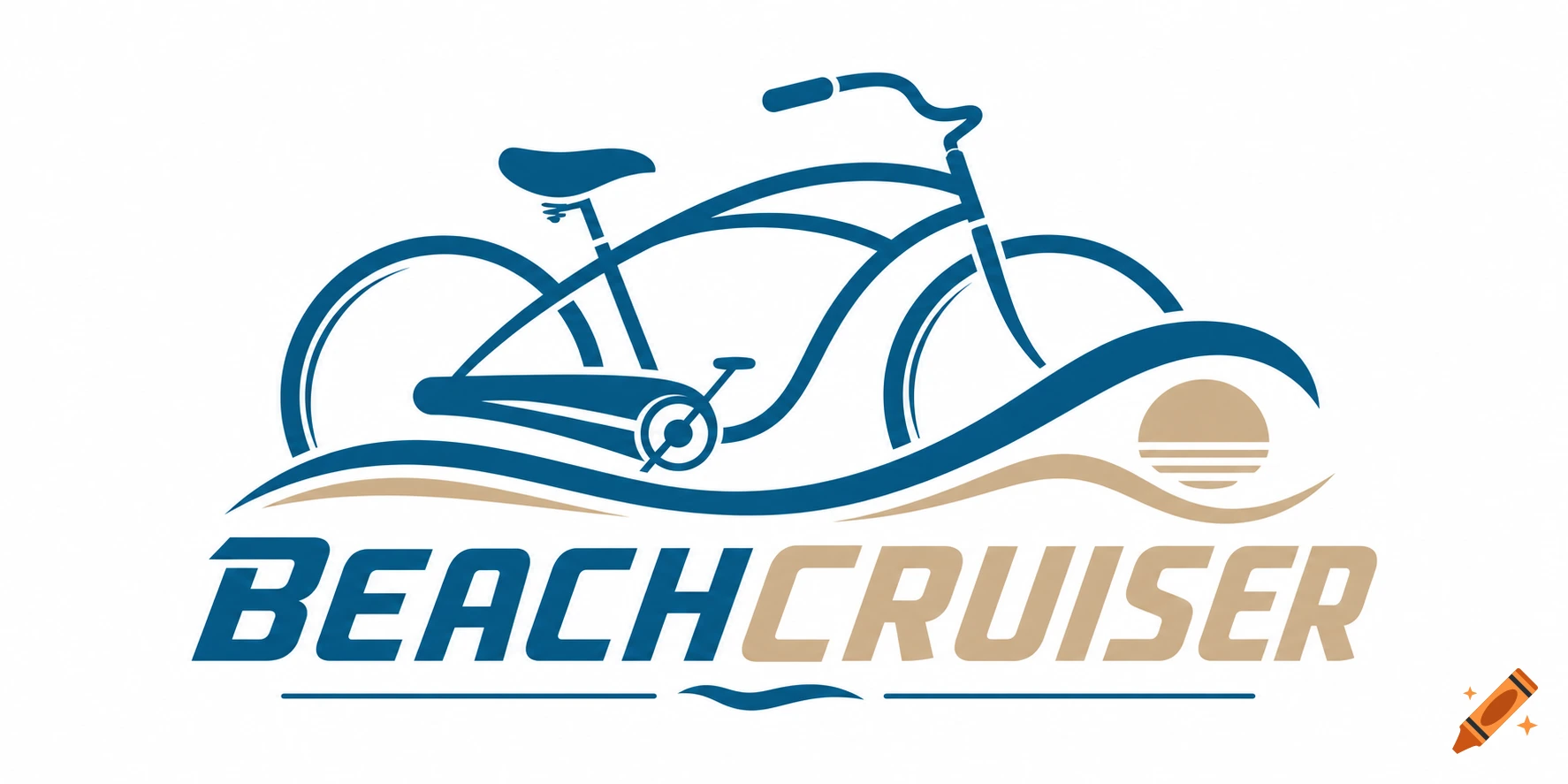Stylized blue and beige logo for 'BEACH CRUISER' bicycle, depicting a bike over waves and a sun.