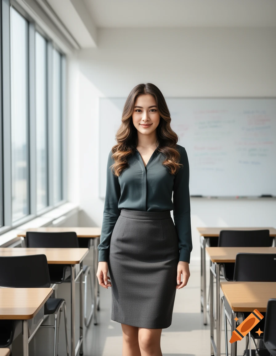 A professional-looking woman in a dark blouse and gray skirt stands smiling in a bright classroom with desks and a whiteboard.