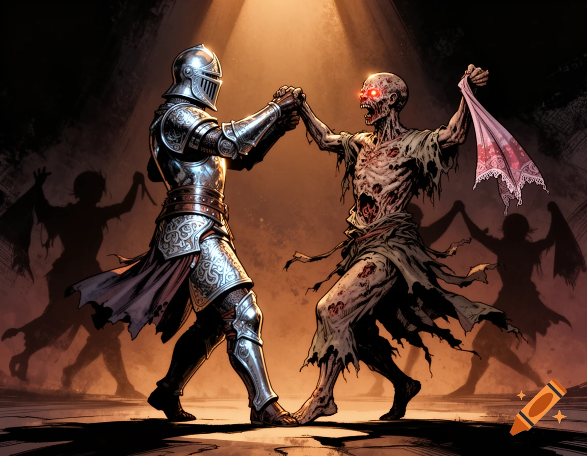 A knight in shining armor dances with a decaying ghoul holding a handkerchief, in a dramatic, dark comic book illustration style.