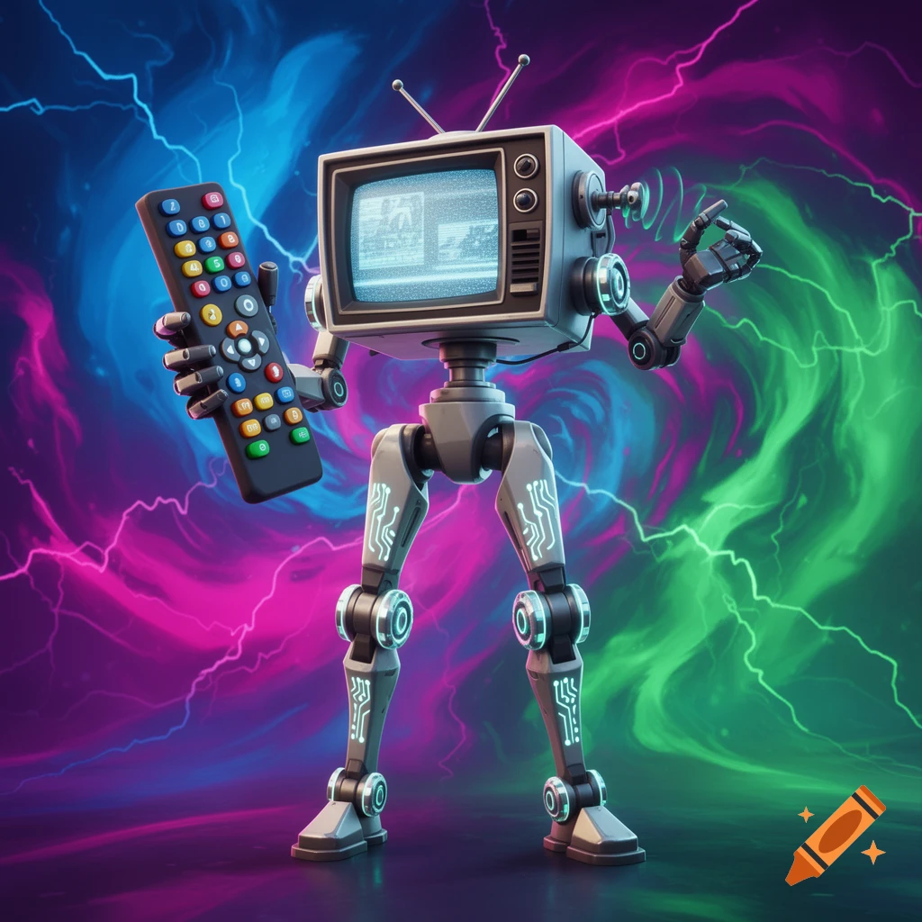 A robot with a retro TV head holds a remote control, standing against a vibrant, swirling background of neon pink, blue, and green lightning.