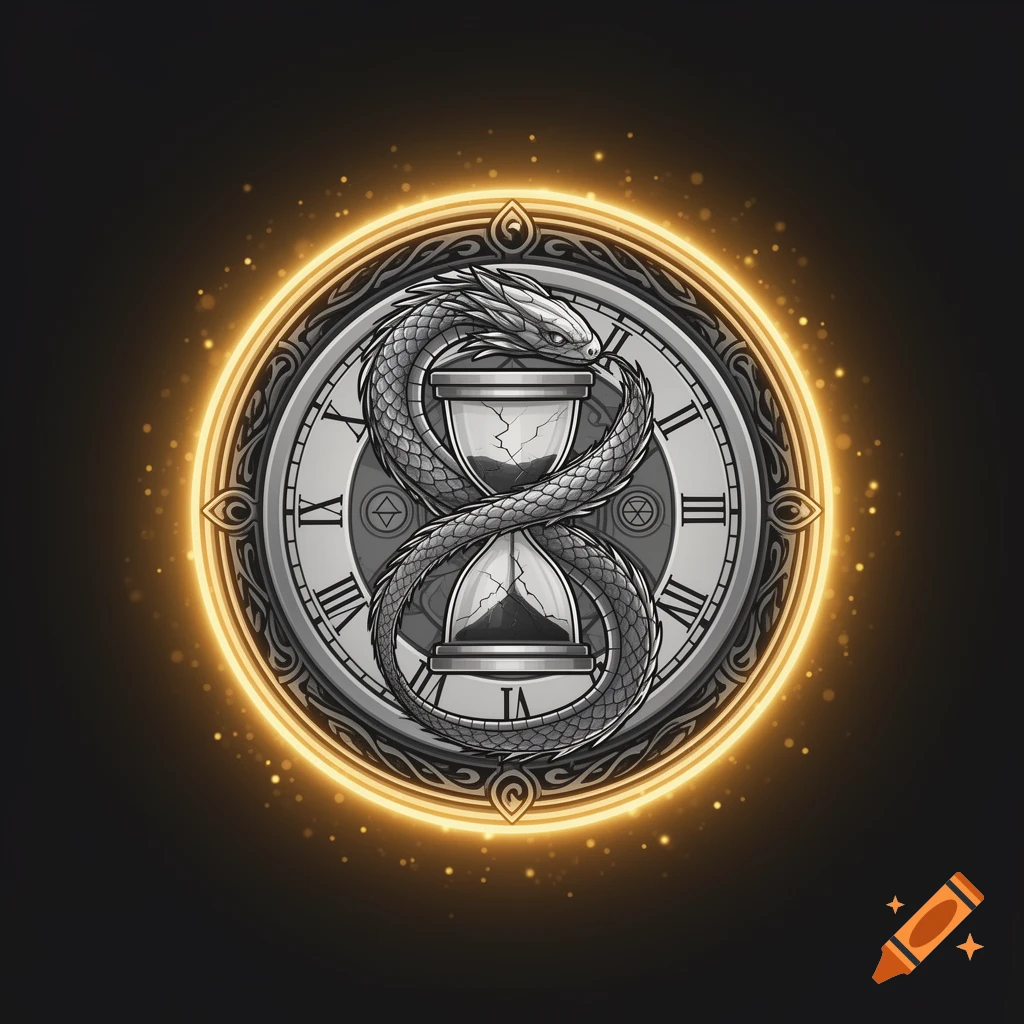 An ornate circular emblem featuring a silver ouroboros snake wrapped around an hourglass and a clock face with Roman numerals, all glowing with a golden aura against a dark background.