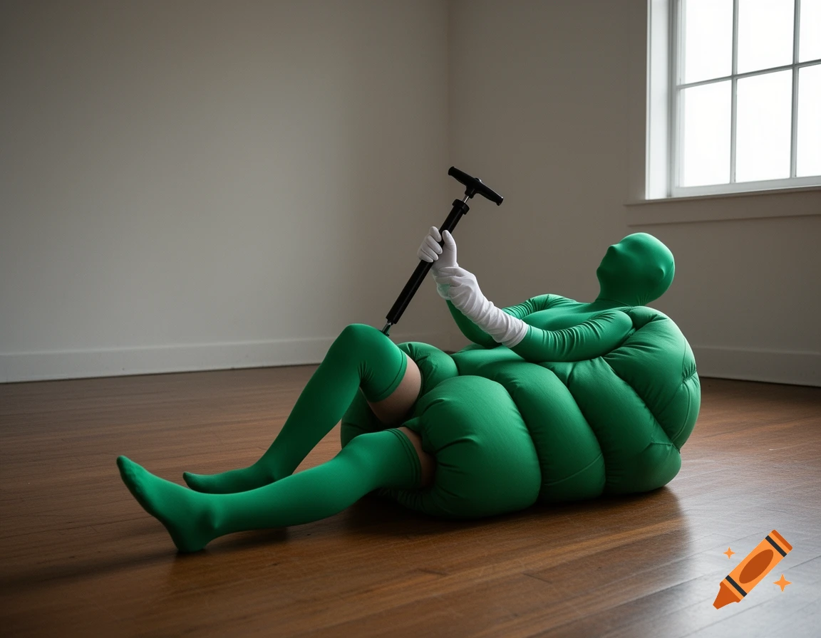 A person in a green, inflated, full-body morphsuit with white gloves lies on a wooden floor, holding a bike pump.