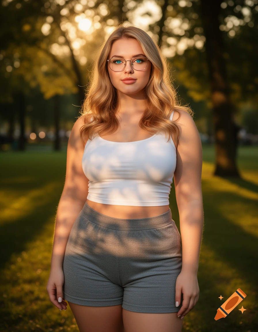 A young woman with blonde hair, glasses, and blue eyes stands in a park during golden hour, wearing a white crop top and gray shorts.