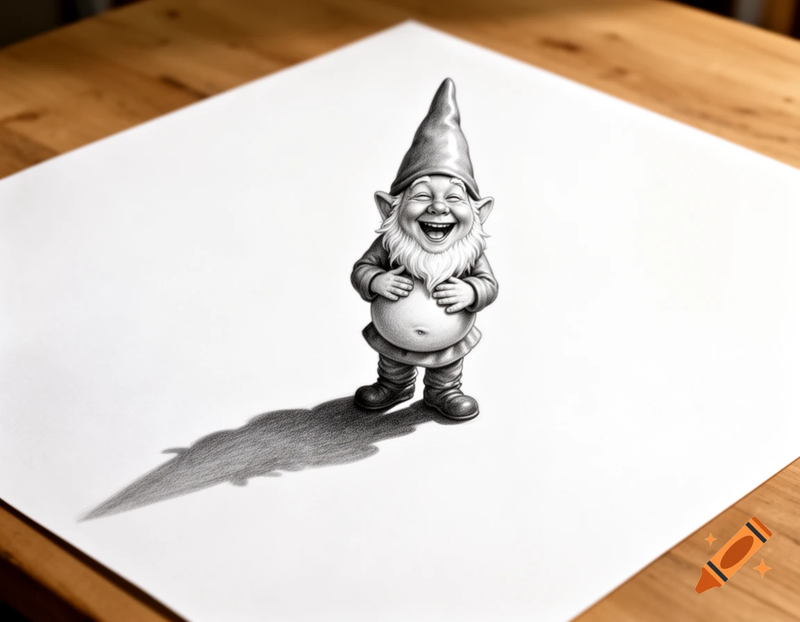 A grinning garden gnome appears to stand in 3D on a white sheet of paper, rendered as a realistic pencil drawing with a deep shadow on a wooden table.