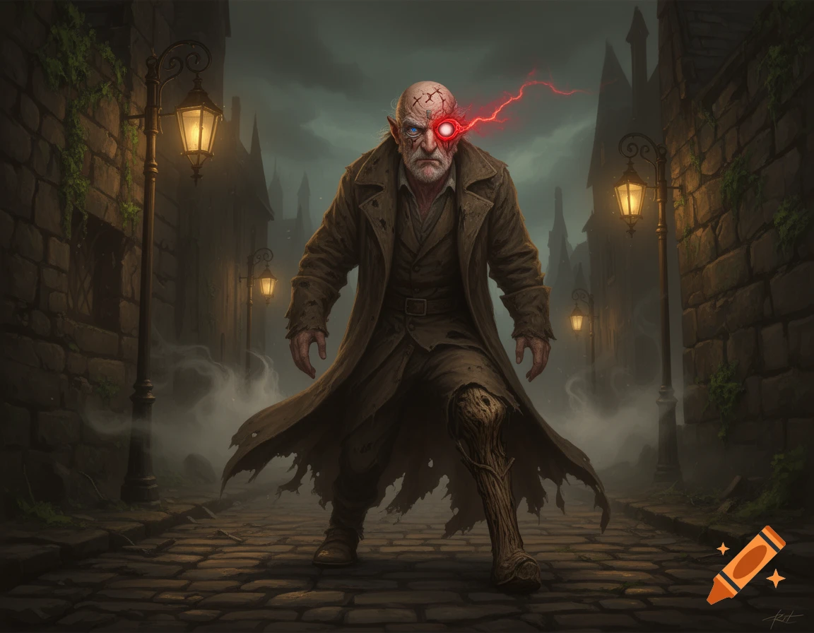 A gritty old wizard with scars, a glowing red prosthetic eye, and a wooden leg, stands in a misty, cobblestone street at night, lit by gas lamps.