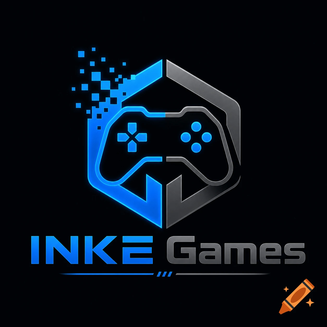 A logo with a glowing blue and gray pixelating game controller inside a hexagon, with "INKE Games" text.