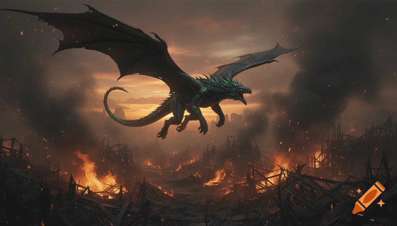 A powerful green dragon with large wings flies over a burning, ruined city under a smoky, orange sky.