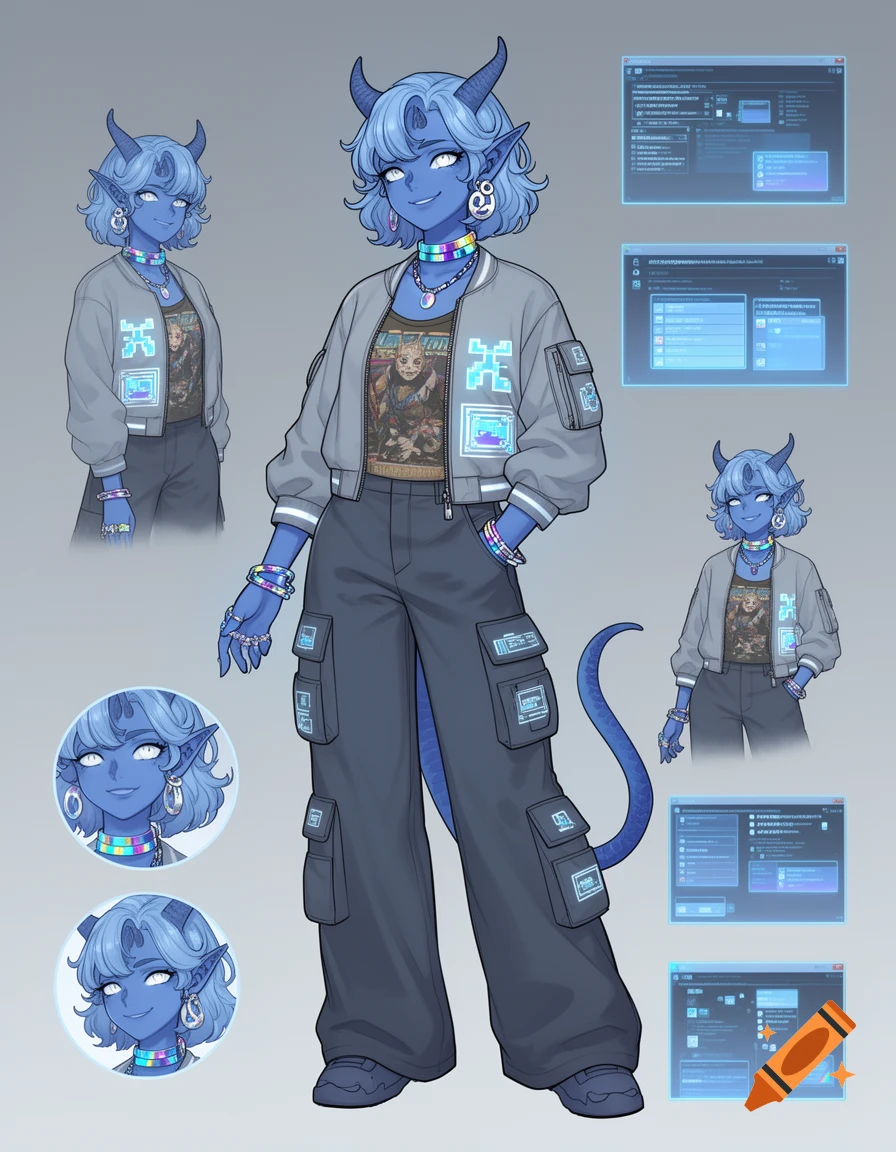 A blue-skinned, horned woman in modern streetwear with short curly hair, featured on a character reference sheet with several views and interface elements. Anime style.