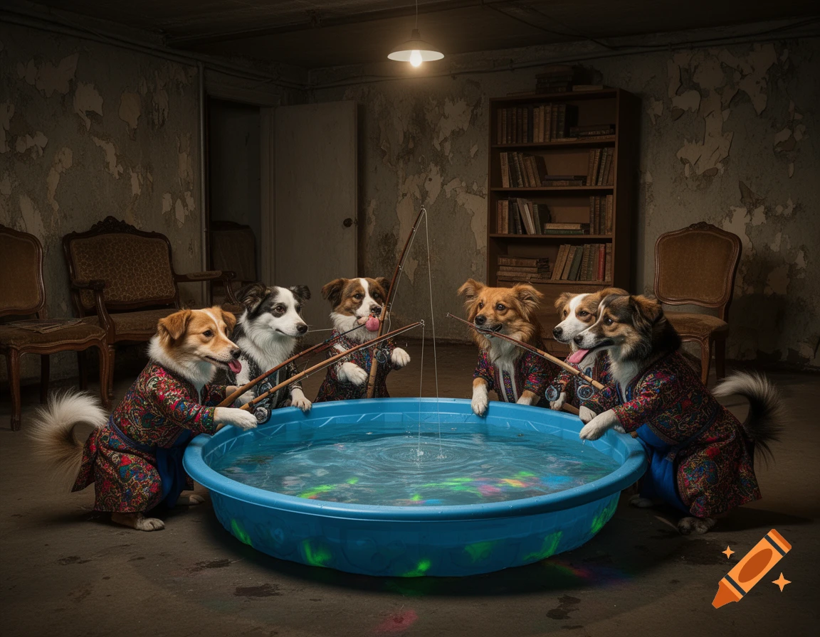 Five photorealistic dogs in colorful patterned jackets fishing in a blue paddling pool in a dimly lit basement.