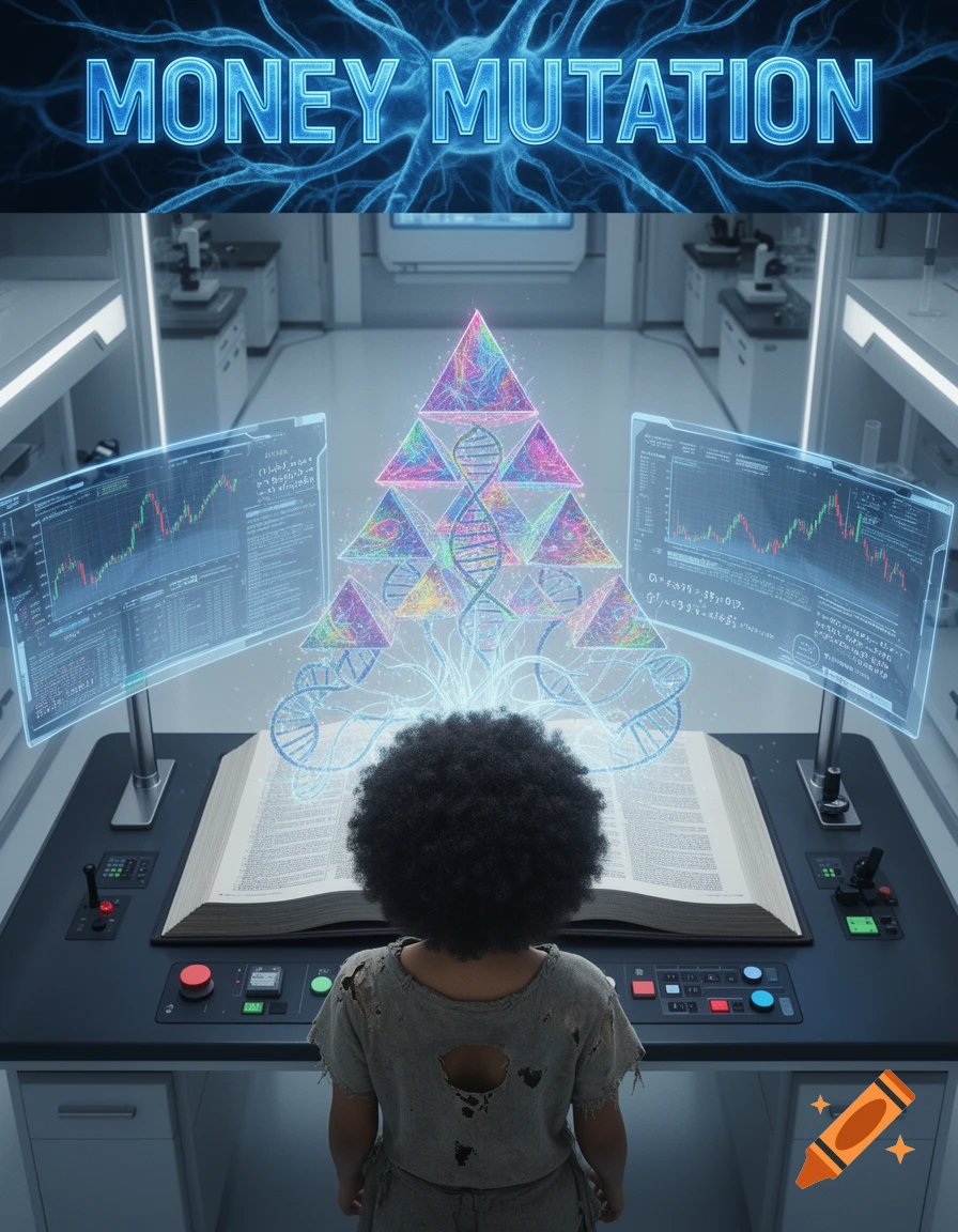 A person with an afro views a massive open book and holographic displays in a futuristic lab, with psychedelic pyramids and DNA pathways rising from the book. The title "MONEY MUTATION" glows at the top.