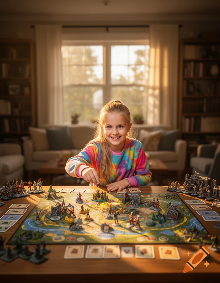 A smiling young girl plays a complex board game with miniature figures in a sunny living room.