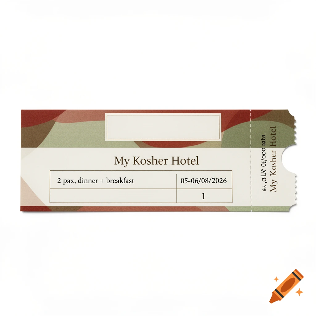 A hotel ticket with the name "My Kosher Hotel", details for "2 pax, dinner + breakfast, 05-06/08/2026", and an empty logo space, against a white background.
