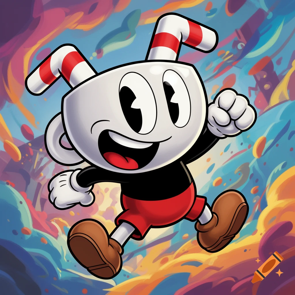 The Cuphead character, a white cup with red and white striped straw-like handles, running and smiling in a vibrant, colorful cartoon background.