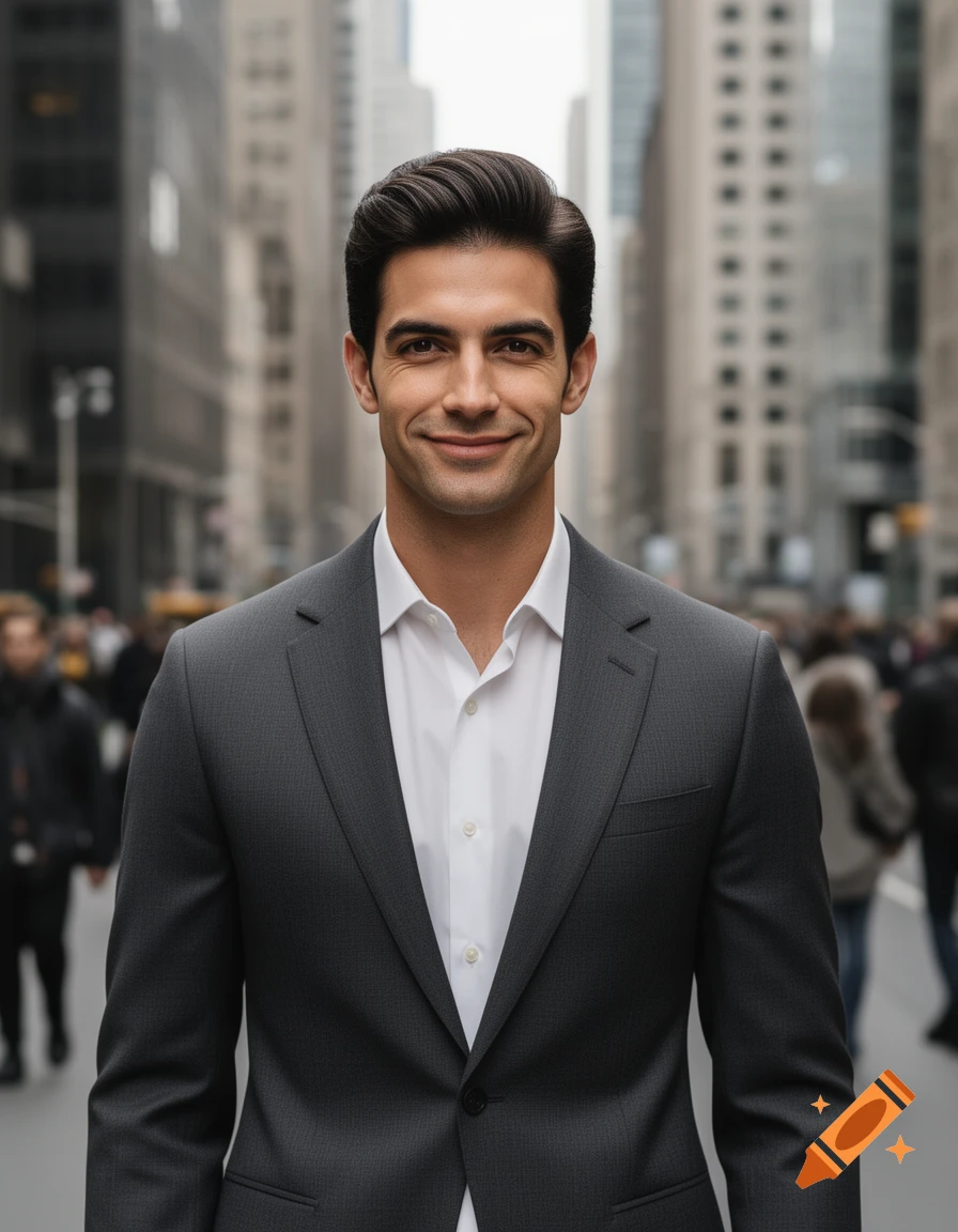 Photorealistic portrait of a handsome man in a dark suit smiling on a busy city street.