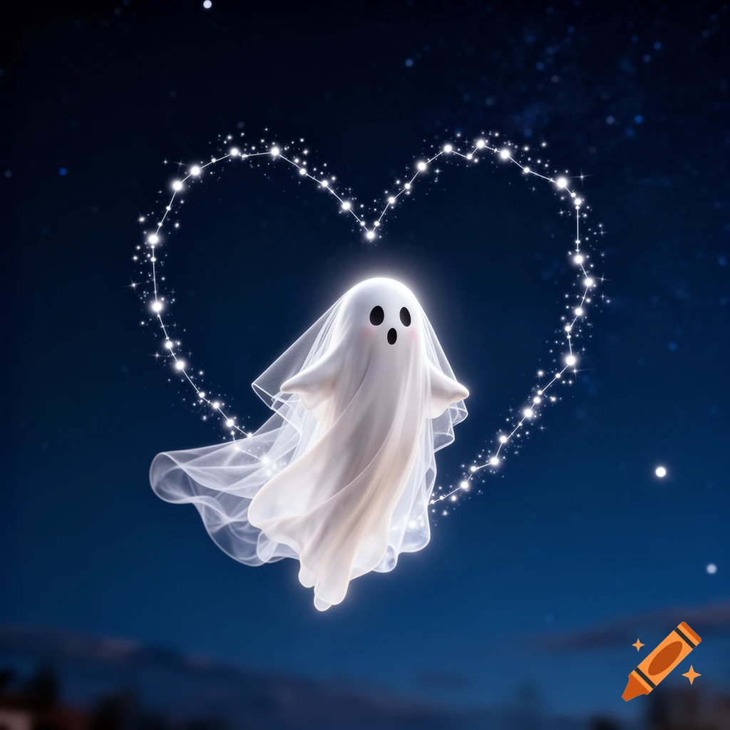 A cute ghost in a wedding veil floats against a dark blue starry night sky, framed by a sparkling heart constellation.