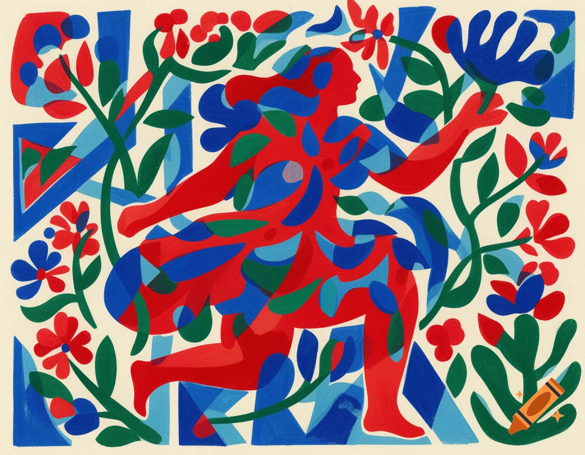 A colorful abstract illustration in the style of Henri Matisse, featuring a red silhouetted figure amidst blue and green stylized plants and leaves on a cream background.