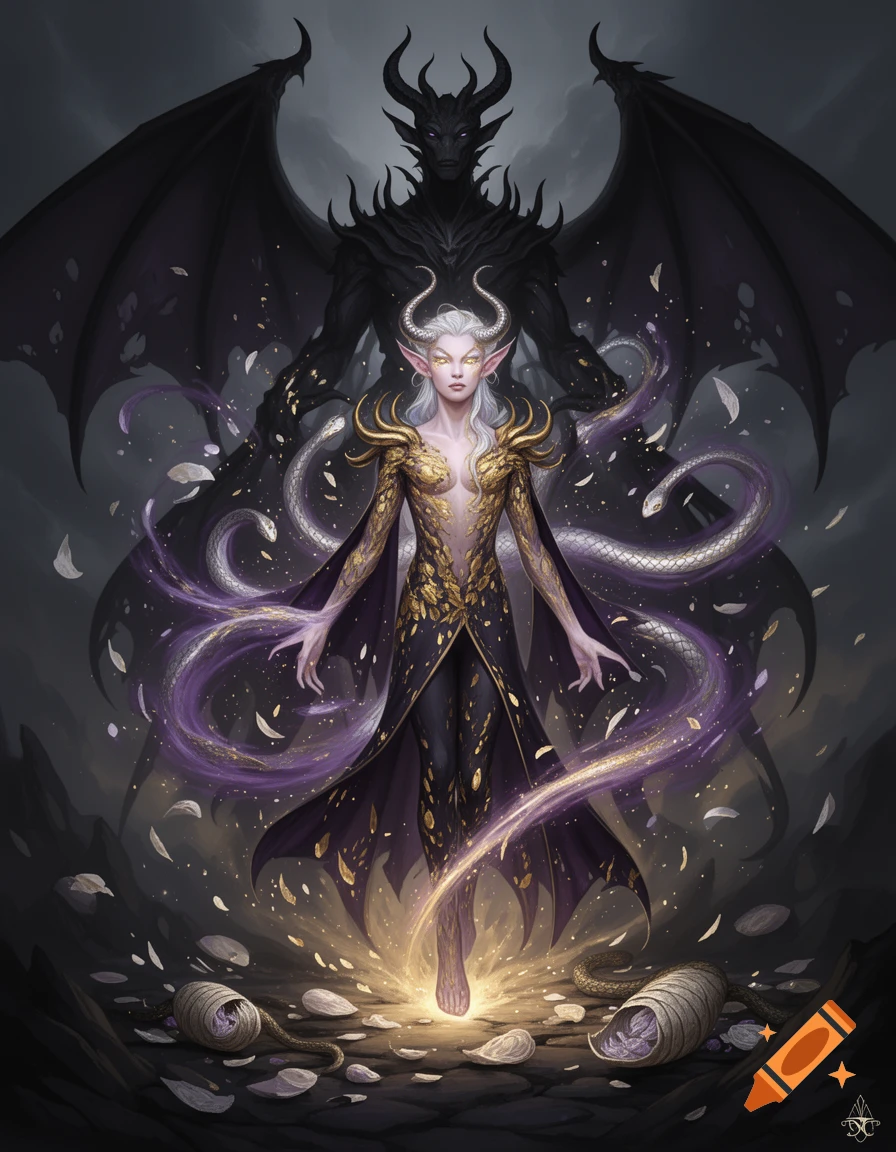 A white-haired, horned warlock with glowing eyes and gold armor, surrounded by purple magic, stands before a shadowy winged demon, depicted in a dark fantasy illustration.