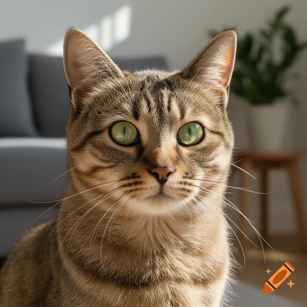 Close-up, photorealistic portrait of a tabby cat with bright green eyes looking forward in an indoor setting.