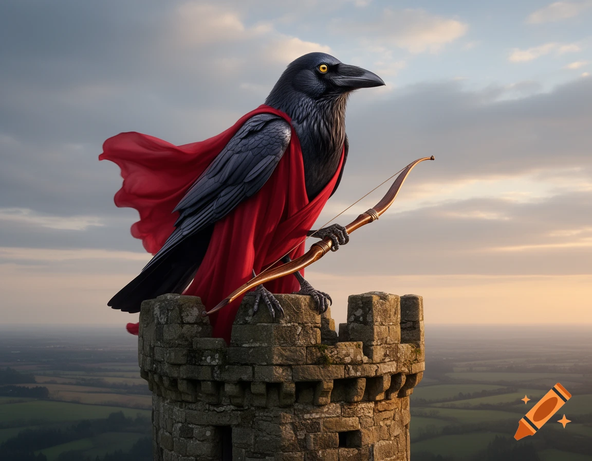 A majestic, photorealistic crow in a flowing red cape holds a bow and arrow, perched atop a medieval stone tower overlooking a sunset landscape.