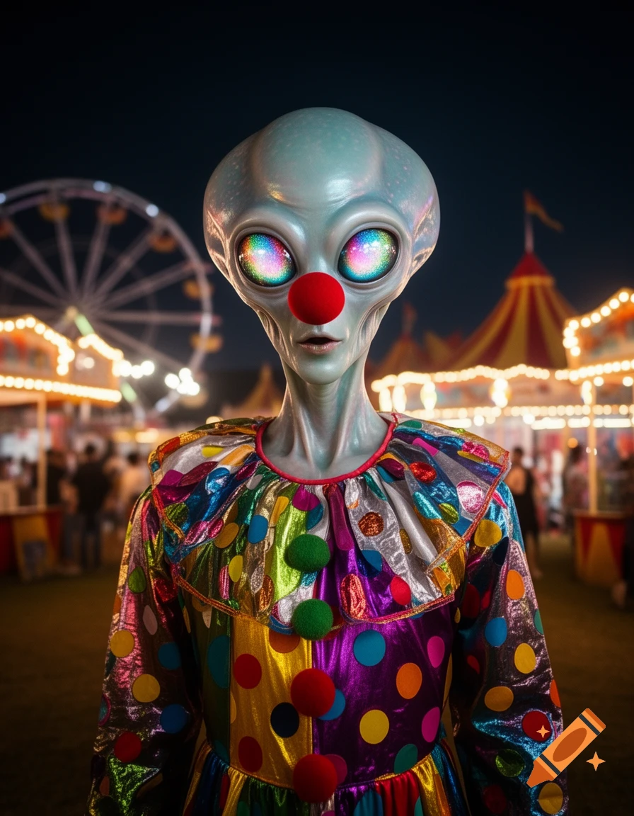 A photorealistic alien clown with a red nose and colorful costume stands at a night carnival.