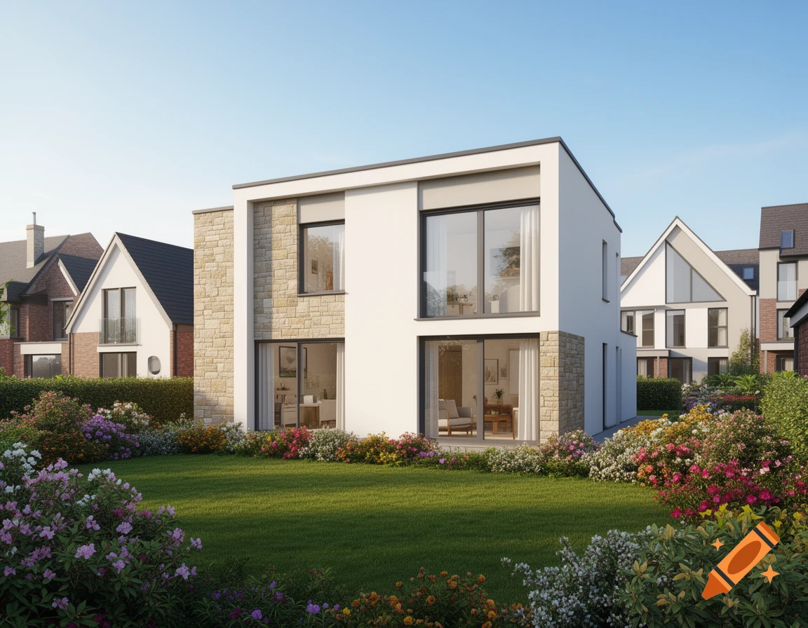 Photorealistic image of a modern detached house with white and stone facade, front lawn, and colorful garden.