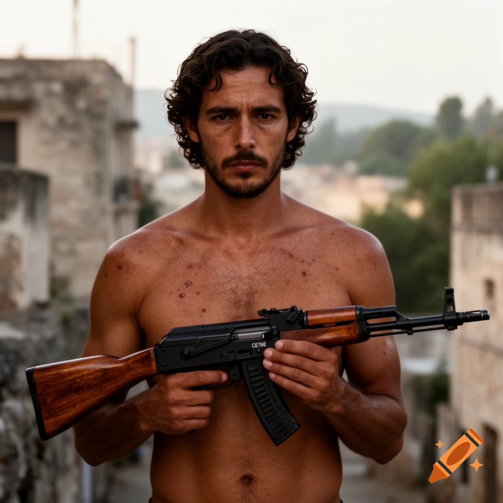 Photorealistic portrait of a shirtless man with curly hair and a beard, holding a rifle in a rural setting.