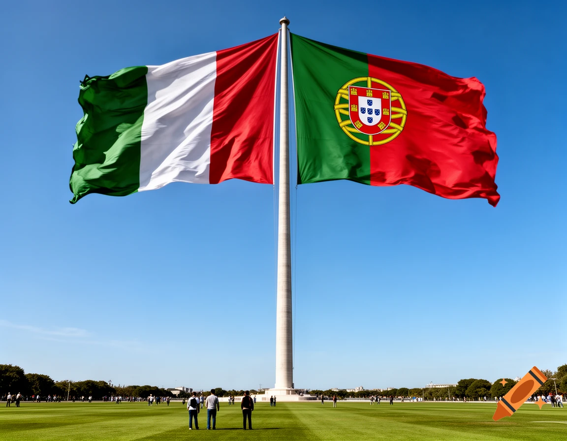 Massive Italian and Portuguese flags wave from a giant flagpole in a green field with distant people under a clear sky.