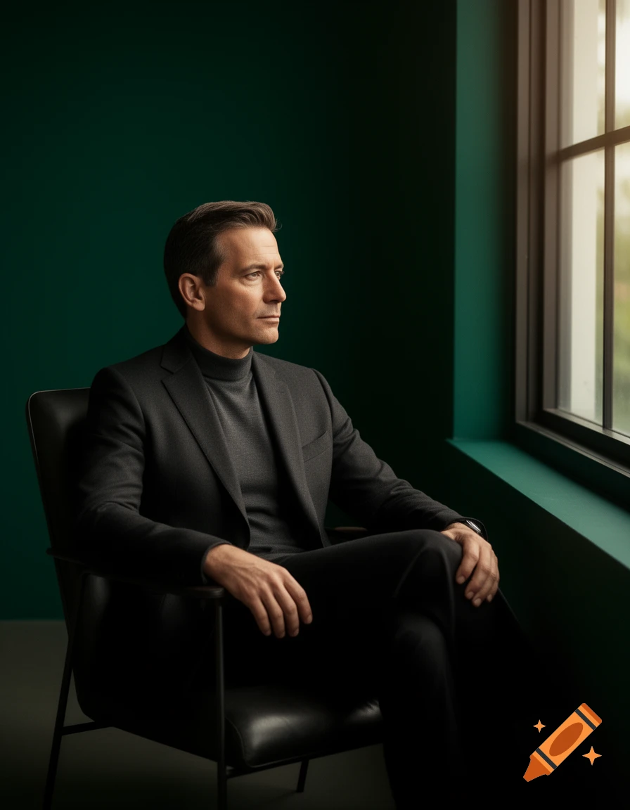 An elegant man in a dark suit and turtleneck sits in a leather armchair, looking thoughtfully out a window with deep green walls.