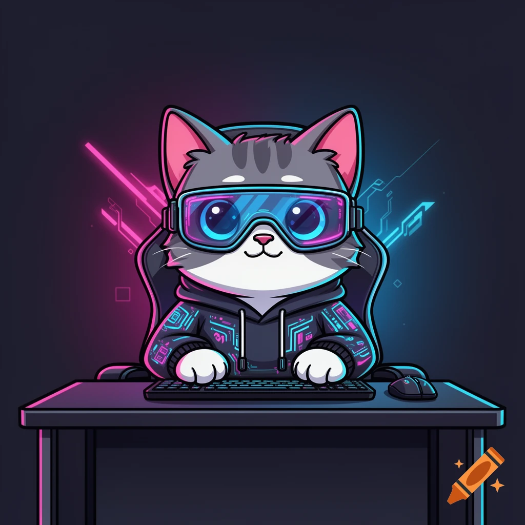 Cute cartoon cat in neon cyberpunk glasses and tech hoodie gaming at a desk, with a vibrant pink and blue background, in 2D vector style.