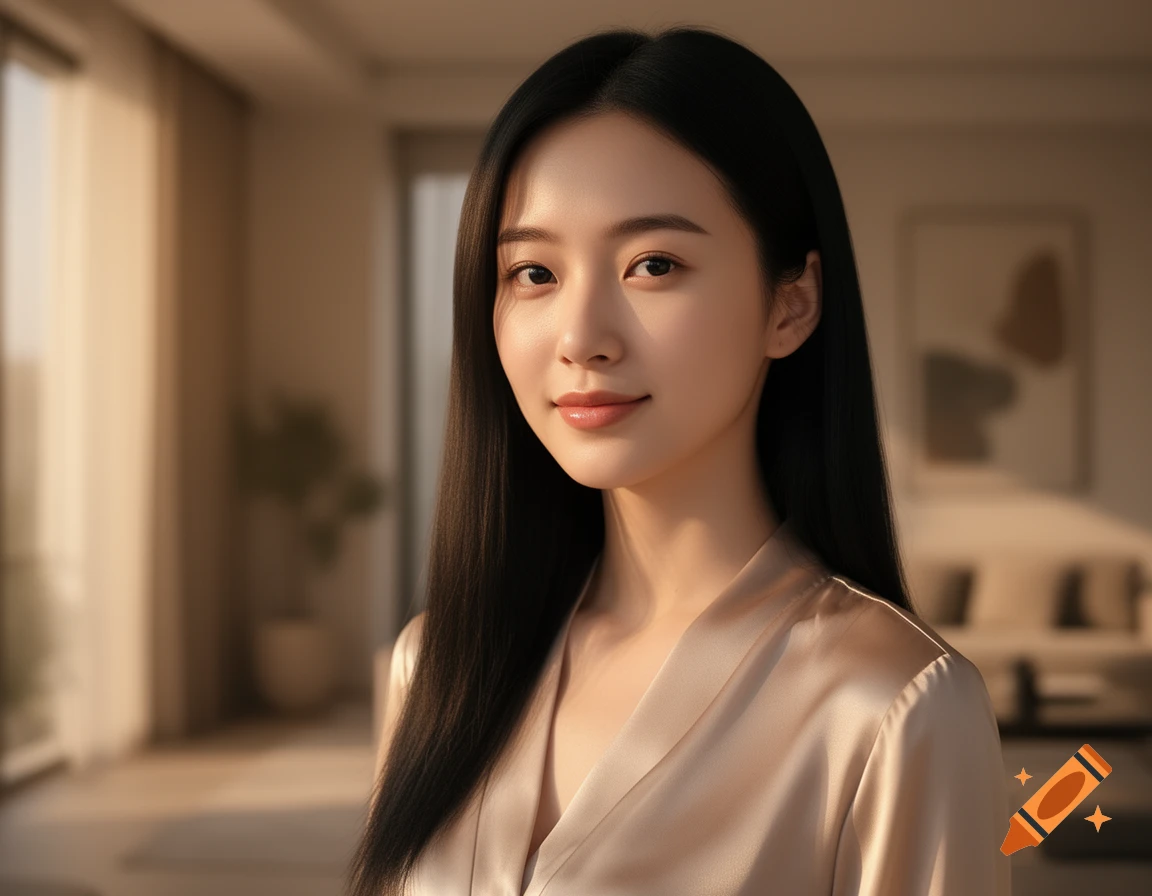 A portrait of a young Asian woman with long black hair, wearing a champagne-colored silky top, smiling subtly in a sunlit room.