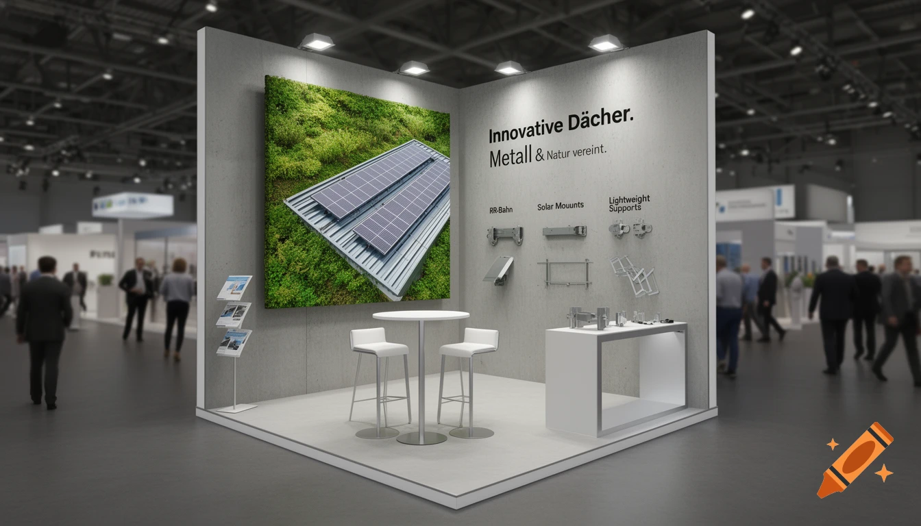 Photorealistic 3D rendering of a modern trade show booth with a green roof and solar panel display, a high-top table, bar stools, and product samples.