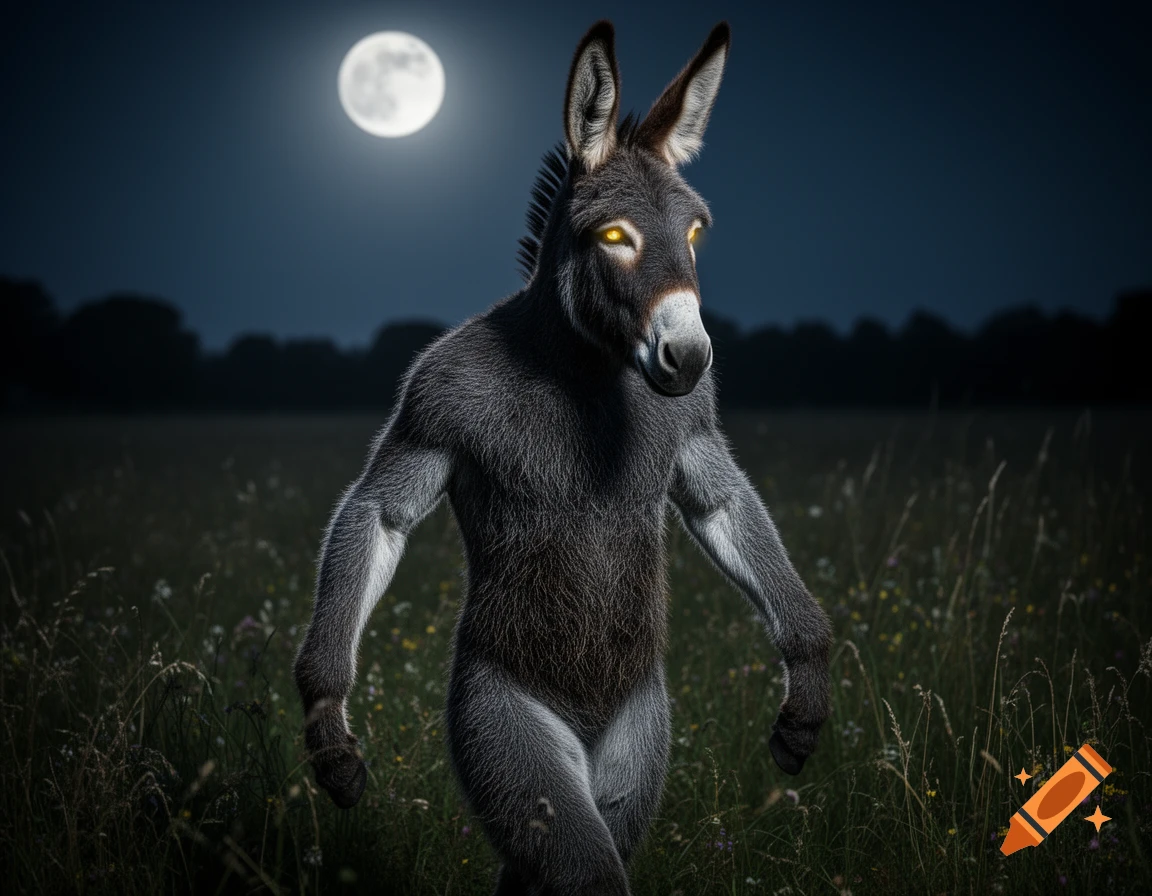 A muscular weredonkey with glowing yellow eyes stands in a moonlit field at night.